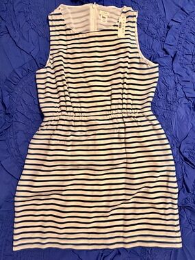 J. Crew White and Navy Striped Sleeveless Silk Dress